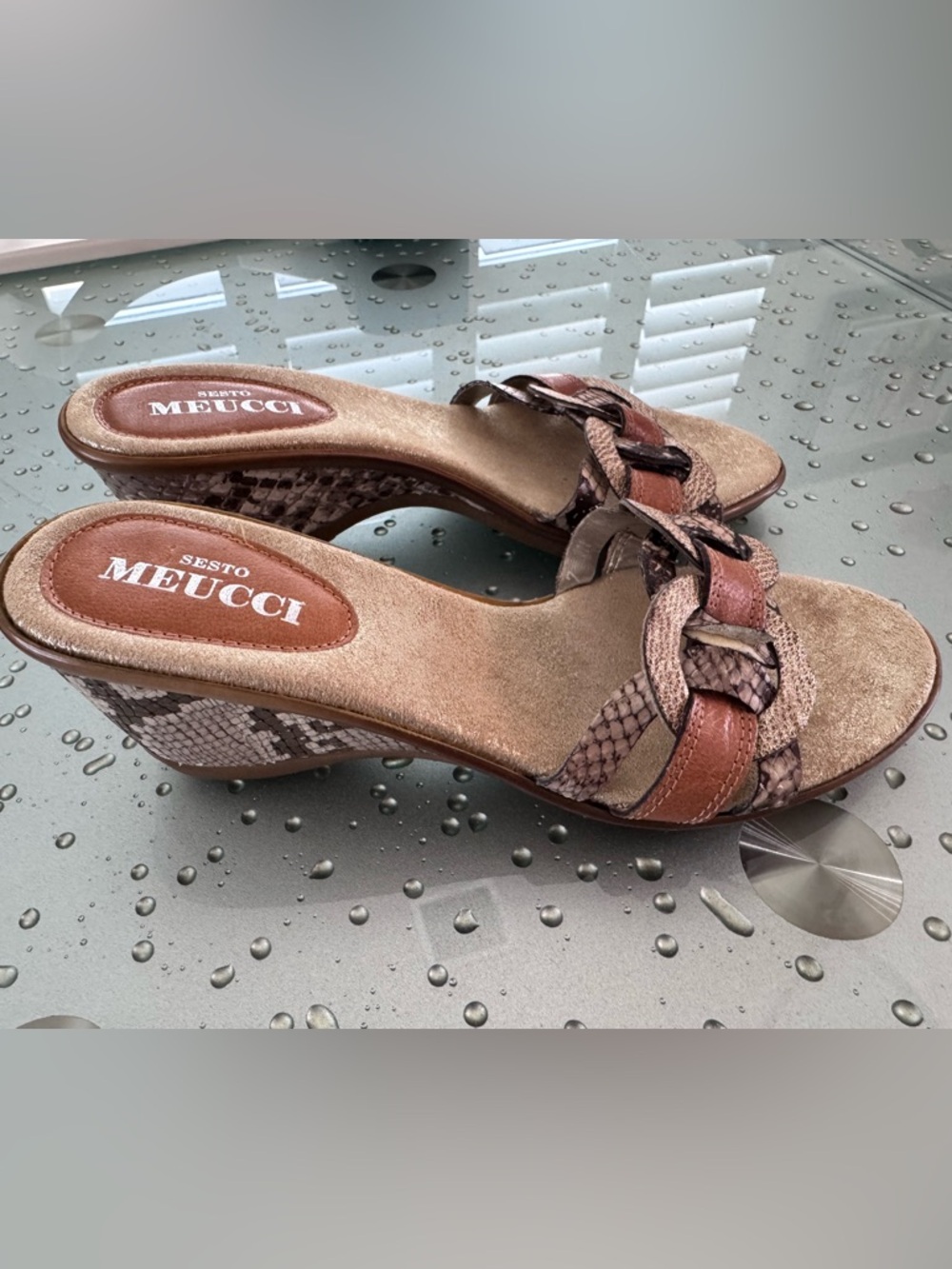 Sesto Meucci Braided Wedge Slide Sandals Snakeskin & Suede Size 7 Made In Italy